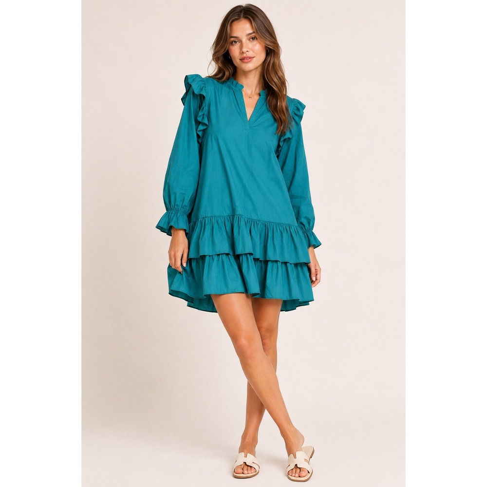 Fantastic Fawn NWT Teal Blue Tiered Ruffle Mini Dress Puff Sleeve Flowy Boho